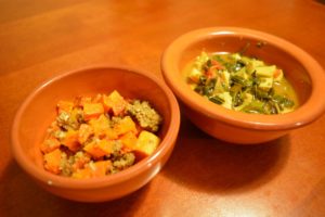 Dishes made for one another--Couscous and Butternut Squash and Tofu Curry with Mustard Greens